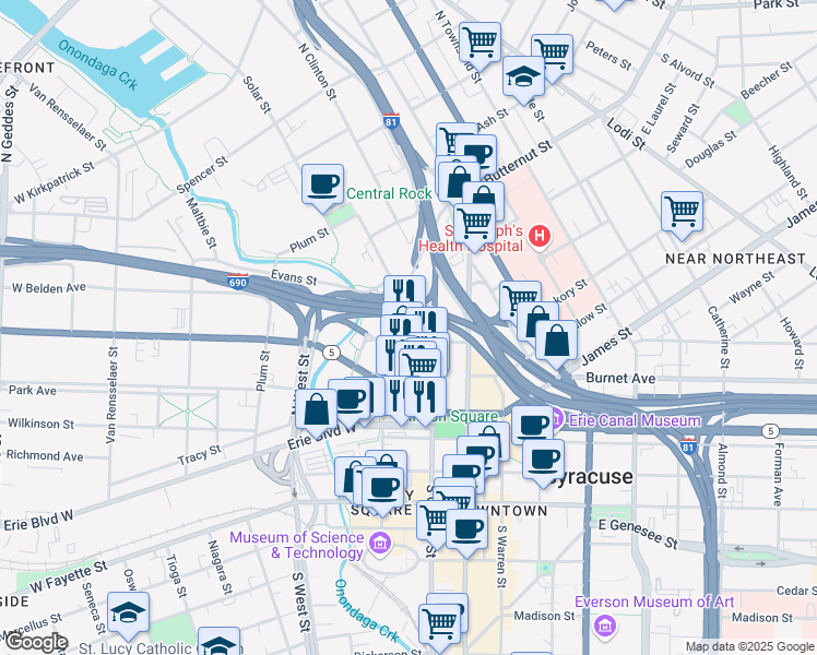 map of restaurants, bars, coffee shops, grocery stores, and more near 218 North Franklin Street in Syracuse