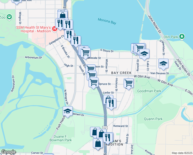 map of restaurants, bars, coffee shops, grocery stores, and more near 726 Spruce Street in Madison