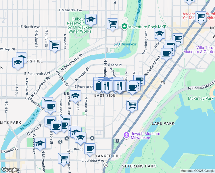 map of restaurants, bars, coffee shops, grocery stores, and more near 1692 North Humboldt Avenue in Milwaukee
