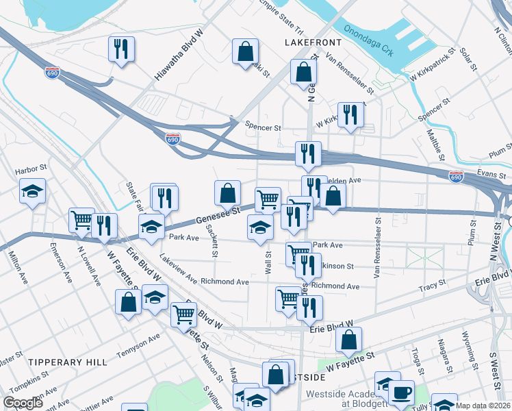 map of restaurants, bars, coffee shops, grocery stores, and more near 1105 West Genesee Street in Syracuse