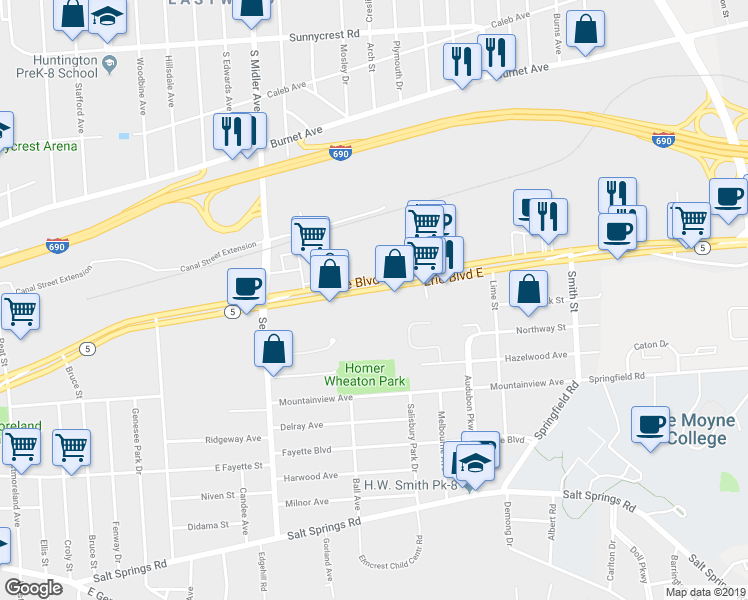 map of restaurants, bars, coffee shops, grocery stores, and more near 2620-26 Erie Boulevard East in Syracuse