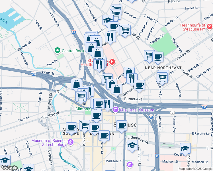 map of restaurants, bars, coffee shops, grocery stores, and more near 413 North State Street in Syracuse