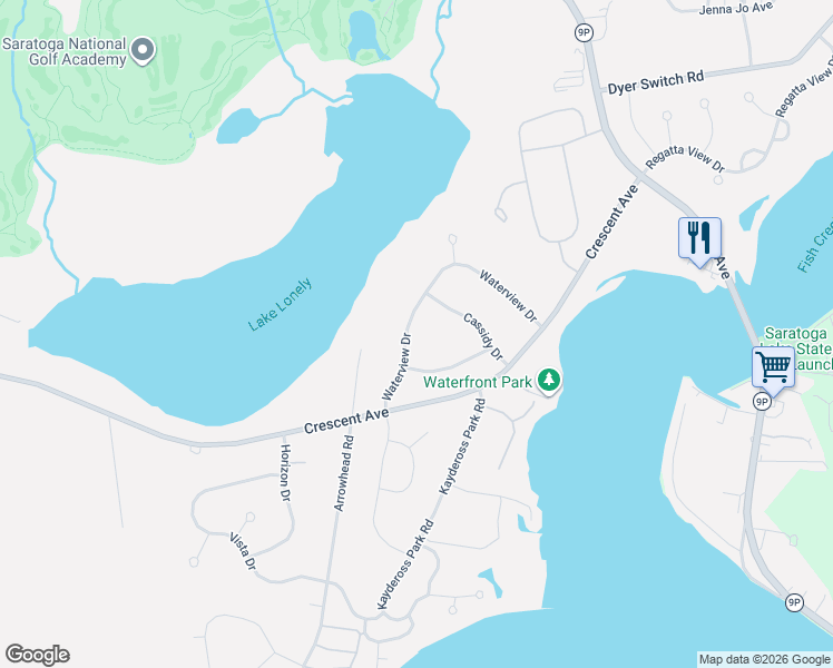 map of restaurants, bars, coffee shops, grocery stores, and more near 24 Cassidy Drive in Saratoga Springs