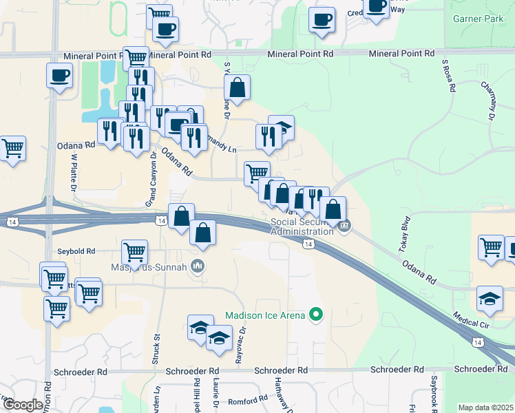 map of restaurants, bars, coffee shops, grocery stores, and more near 6337 Odana Road in Madison