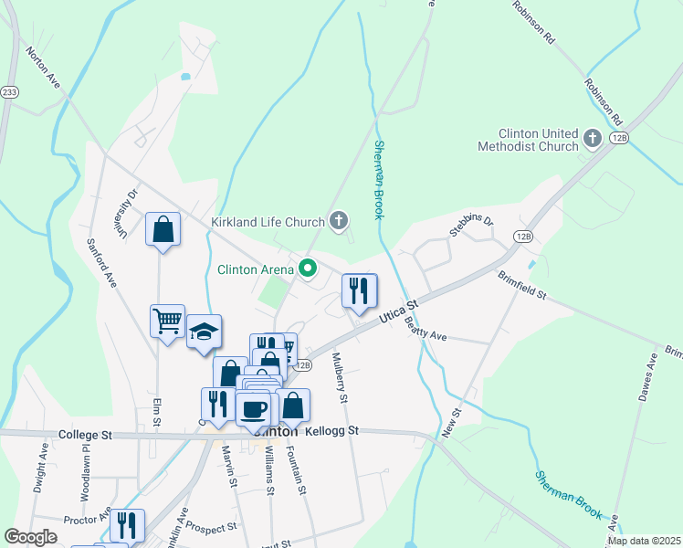 map of restaurants, bars, coffee shops, grocery stores, and more near 3 McBride Avenue in Clinton