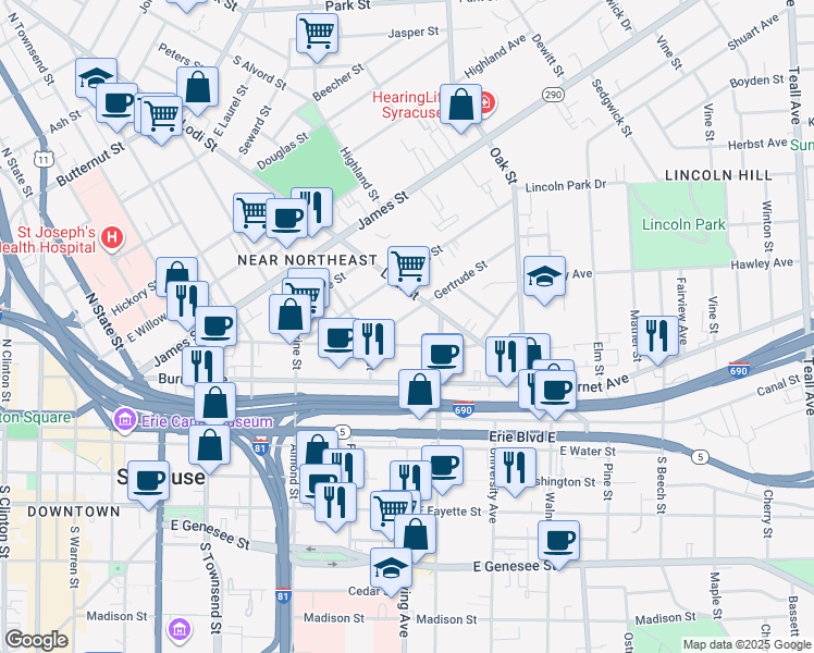 map of restaurants, bars, coffee shops, grocery stores, and more near in Syracuse
