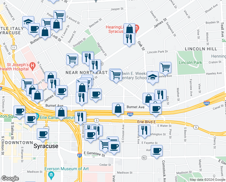 map of restaurants, bars, coffee shops, grocery stores, and more near in Syracuse