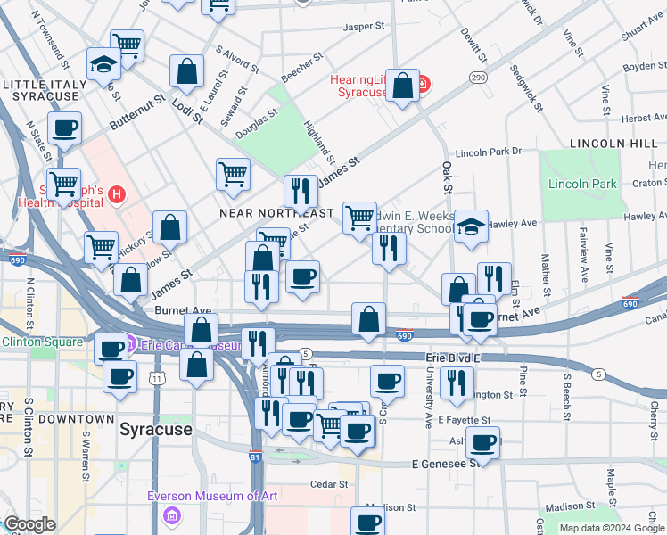 map of restaurants, bars, coffee shops, grocery stores, and more near 218 Green Street in Syracuse