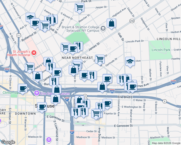 map of restaurants, bars, coffee shops, grocery stores, and more near 201 Green Street in Syracuse