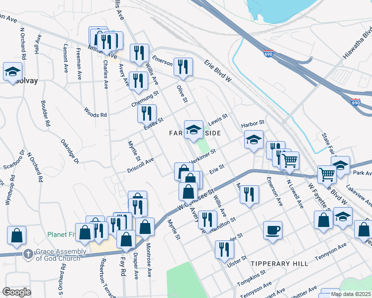 map of restaurants, bars, coffee shops, grocery stores, and more near 827 Willis Avenue in Syracuse