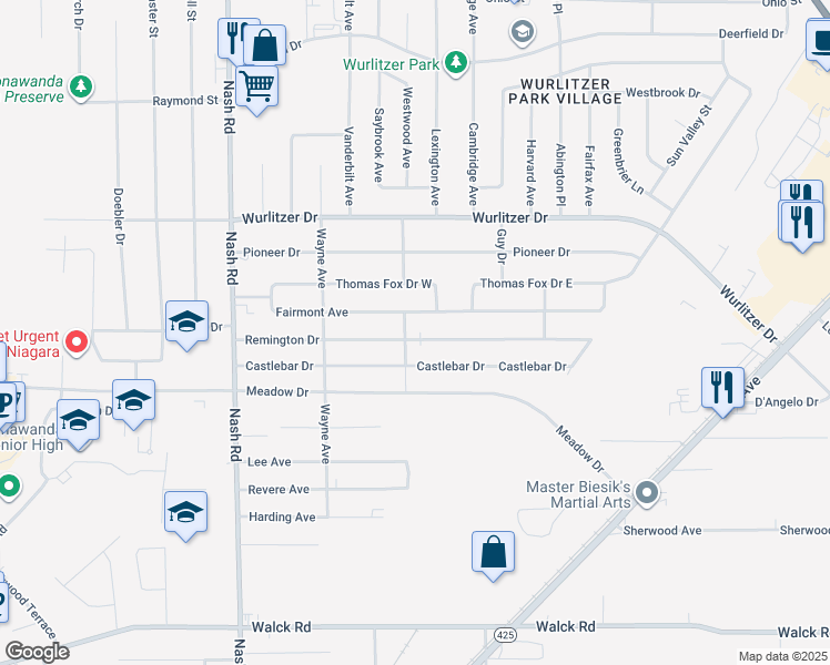 map of restaurants, bars, coffee shops, grocery stores, and more near 544 Fairmont Avenue in North Tonawanda