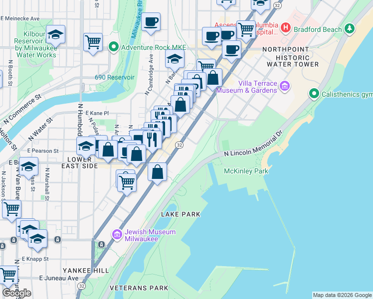 map of restaurants, bars, coffee shops, grocery stores, and more near in Milwaukee
