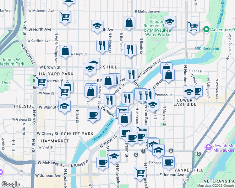 map of restaurants, bars, coffee shops, grocery stores, and more near 1809 North Commerce Street in Milwaukee