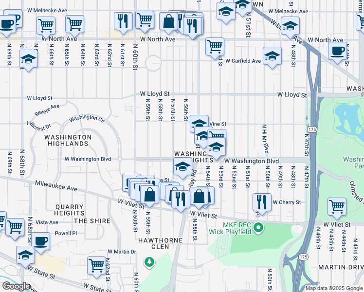 map of restaurants, bars, coffee shops, grocery stores, and more near 1808 North 57th Street in Milwaukee