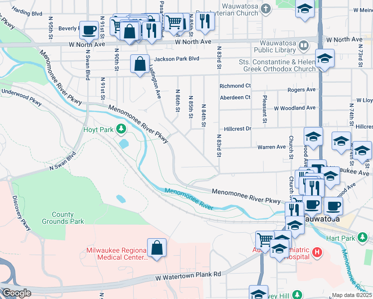 map of restaurants, bars, coffee shops, grocery stores, and more near 1854 Ludington Avenue in Wauwatosa