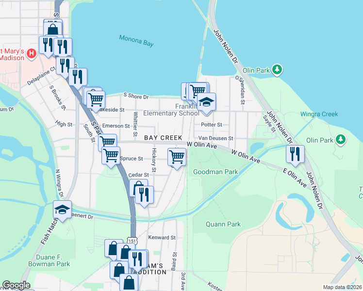 map of restaurants, bars, coffee shops, grocery stores, and more near 1111 Gilson Street in Madison