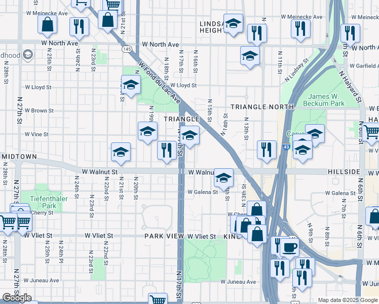 map of restaurants, bars, coffee shops, grocery stores, and more near 1749 North 16th Street in Milwaukee