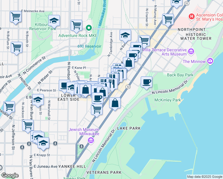 map of restaurants, bars, coffee shops, grocery stores, and more near 1741 North Farwell Avenue in Milwaukee