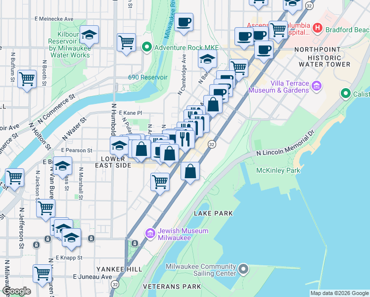 map of restaurants, bars, coffee shops, grocery stores, and more near 1741 North Farwell Avenue in Milwaukee