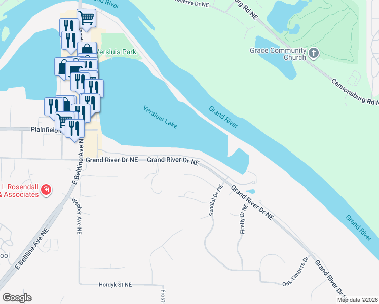 map of restaurants, bars, coffee shops, grocery stores, and more near 3895 Crystal Waters Lane Northeast in Grand Rapids
