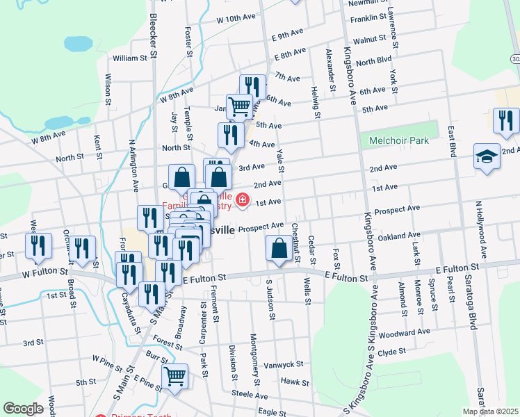 map of restaurants, bars, coffee shops, grocery stores, and more near 40 1st Avenue in Gloversville