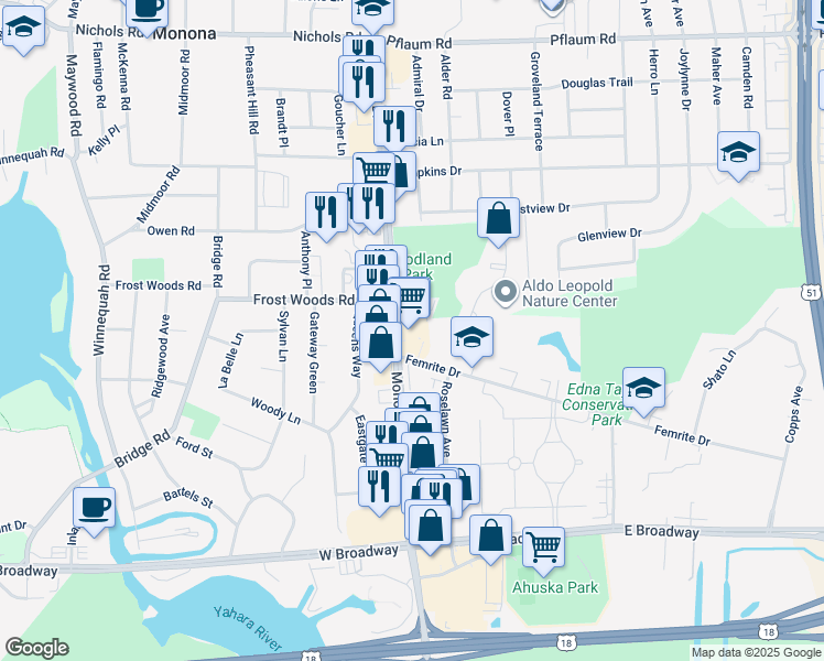 map of restaurants, bars, coffee shops, grocery stores, and more near 5900 Monona Drive in Monona
