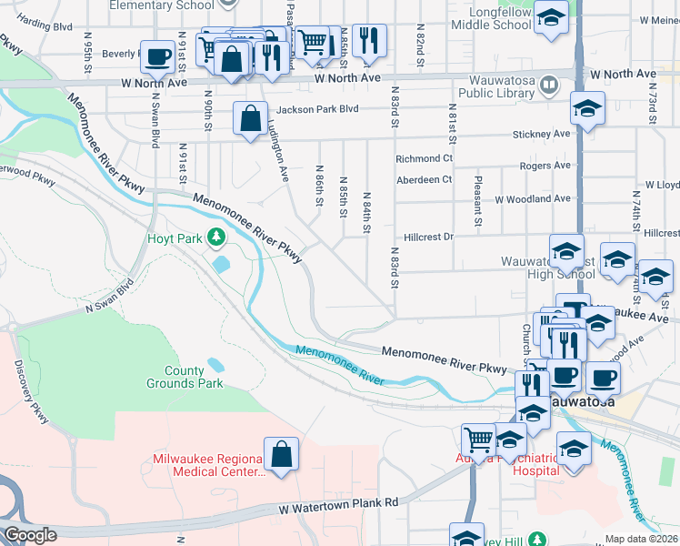 map of restaurants, bars, coffee shops, grocery stores, and more near 1841 Ludington Avenue in Wauwatosa
