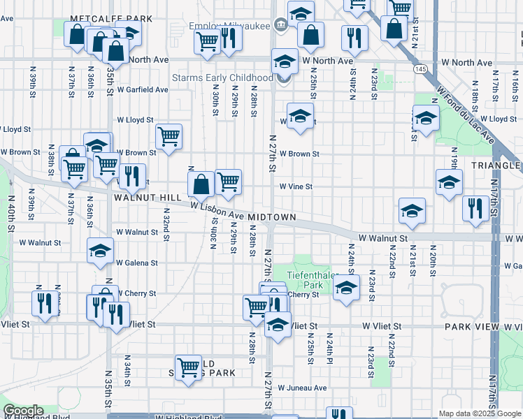 map of restaurants, bars, coffee shops, grocery stores, and more near 1841 North 27th Street in Milwaukee