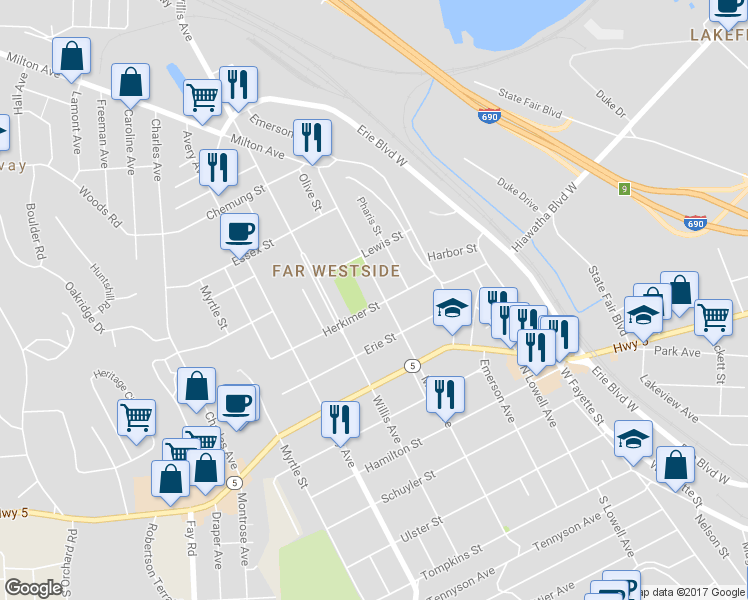 map of restaurants, bars, coffee shops, grocery stores, and more near 808 Milton Avenue in Syracuse
