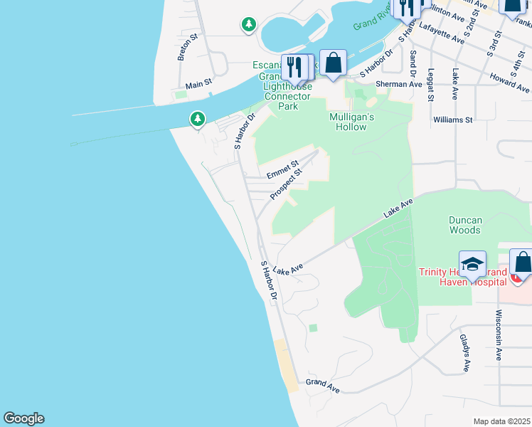 map of restaurants, bars, coffee shops, grocery stores, and more near 108 Prospect Street in Grand Haven