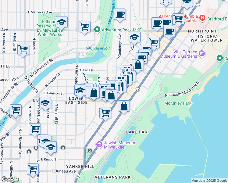 map of restaurants, bars, coffee shops, grocery stores, and more near 1809 North Oakland Avenue in Milwaukee