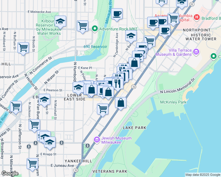 map of restaurants, bars, coffee shops, grocery stores, and more near 1809 North Oakland Avenue in Milwaukee