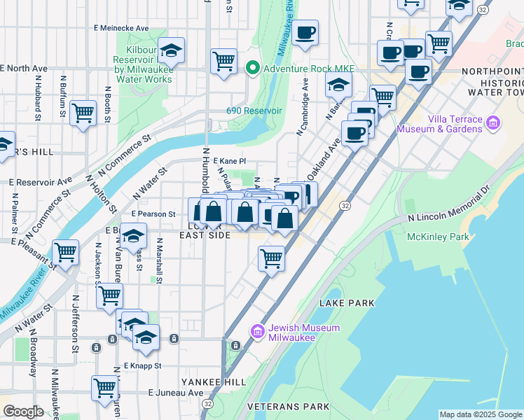 map of restaurants, bars, coffee shops, grocery stores, and more near 1805 North Warren Avenue in Milwaukee
