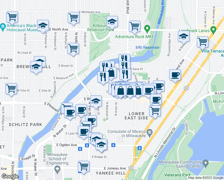 map of restaurants, bars, coffee shops, grocery stores, and more near 928 East Hamilton Street in Milwaukee