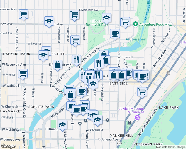 map of restaurants, bars, coffee shops, grocery stores, and more near 1781 North Water Street in Milwaukee