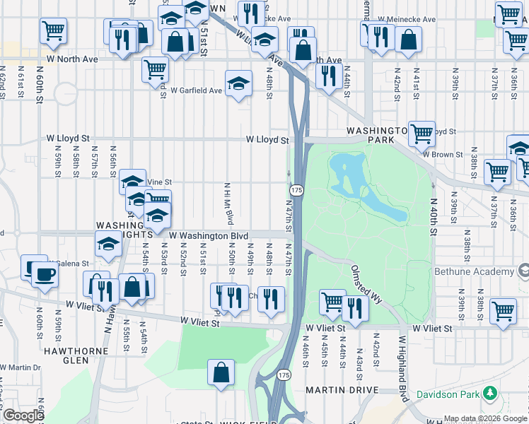 map of restaurants, bars, coffee shops, grocery stores, and more near 1808 North 48th Street in Milwaukee