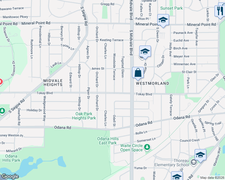 map of restaurants, bars, coffee shops, grocery stores, and more near 530 Woodside Terrace in Madison