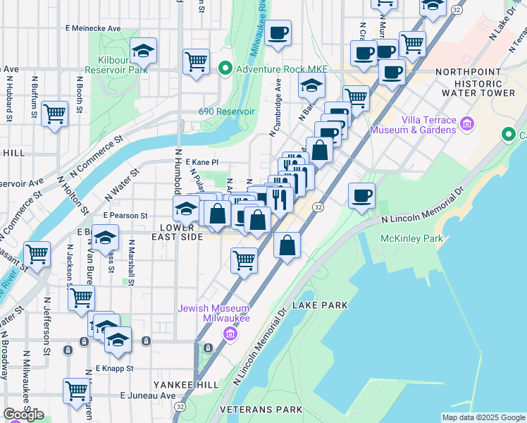 map of restaurants, bars, coffee shops, grocery stores, and more near 1743 North Cambridge Avenue in Milwaukee