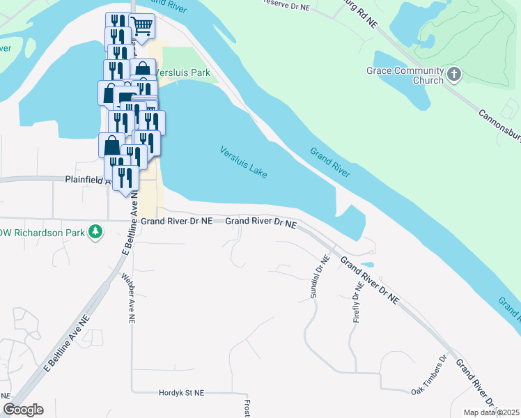 map of restaurants, bars, coffee shops, grocery stores, and more near 3875 Crystal Waters Lane Northeast in Grand Rapids