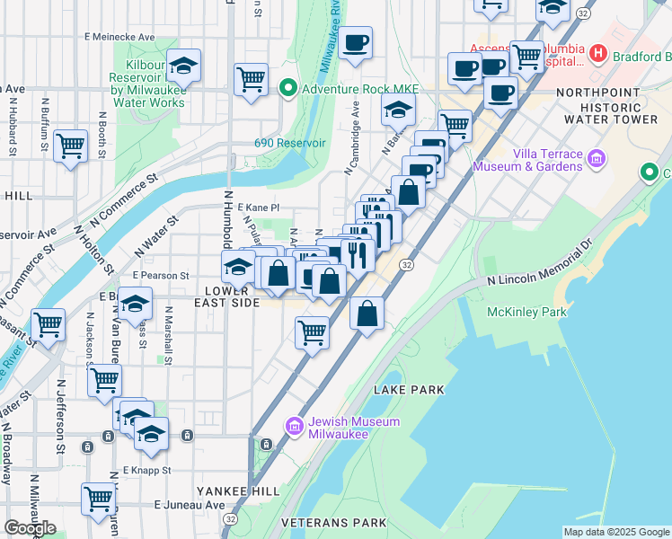 map of restaurants, bars, coffee shops, grocery stores, and more near 1809 North Oakland Avenue in Milwaukee