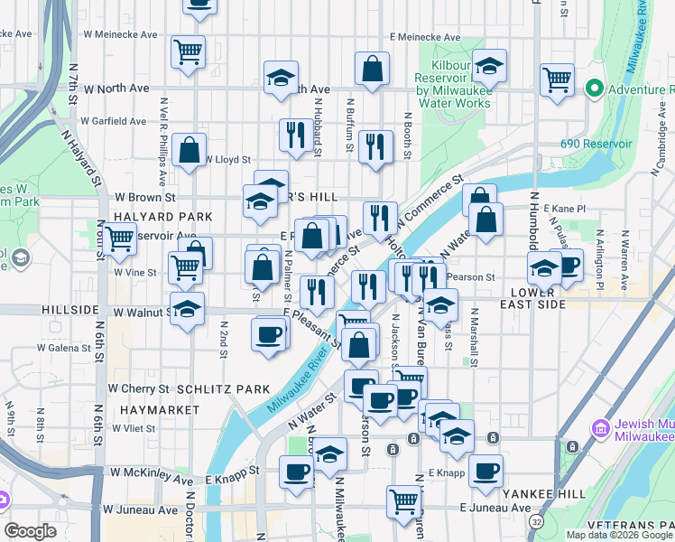 map of restaurants, bars, coffee shops, grocery stores, and more near 1818 North Commerce Street in Milwaukee