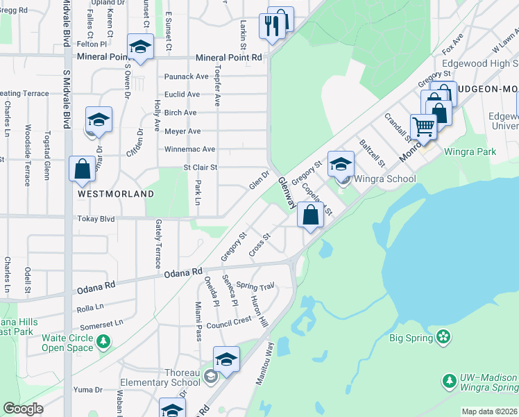 map of restaurants, bars, coffee shops, grocery stores, and more near 3506 Gregory Street in Madison