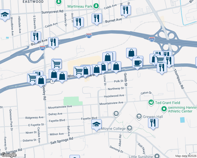 map of restaurants, bars, coffee shops, grocery stores, and more near 2780 Erie Boulevard East in Syracuse