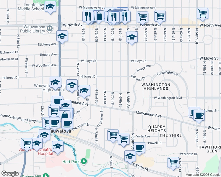map of restaurants, bars, coffee shops, grocery stores, and more near 1836 North 71st Street in Wauwatosa