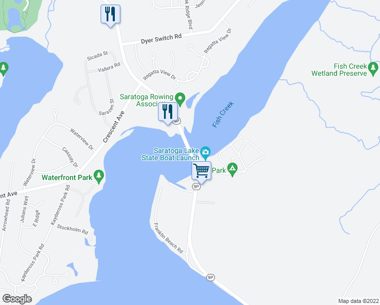 map of restaurants, bars, coffee shops, grocery stores, and more near Saratoga County Veterans Memorial Bridge in Saratoga Springs