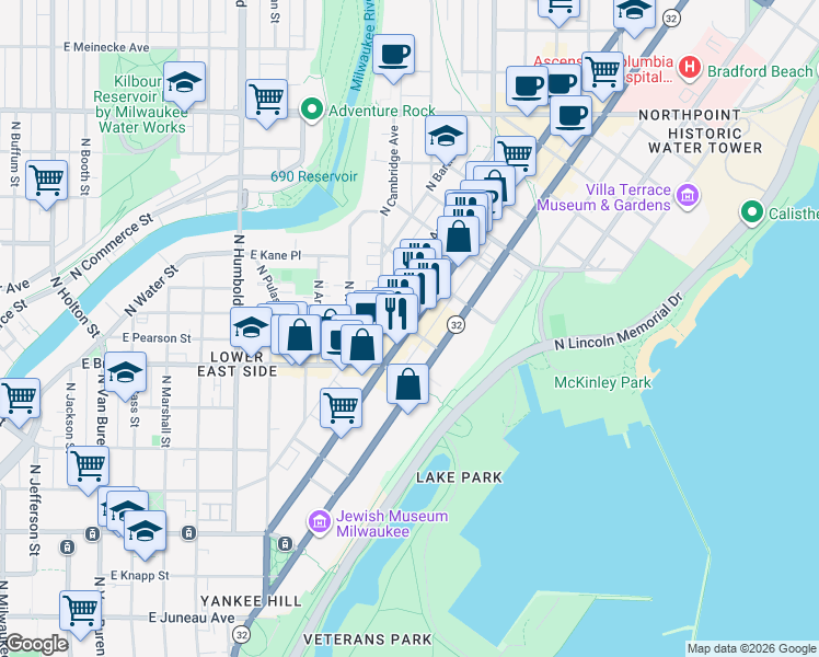 map of restaurants, bars, coffee shops, grocery stores, and more near East Royall Place in Milwaukee