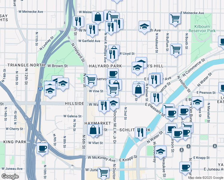 map of restaurants, bars, coffee shops, grocery stores, and more near 314 West Vine Street in Milwaukee