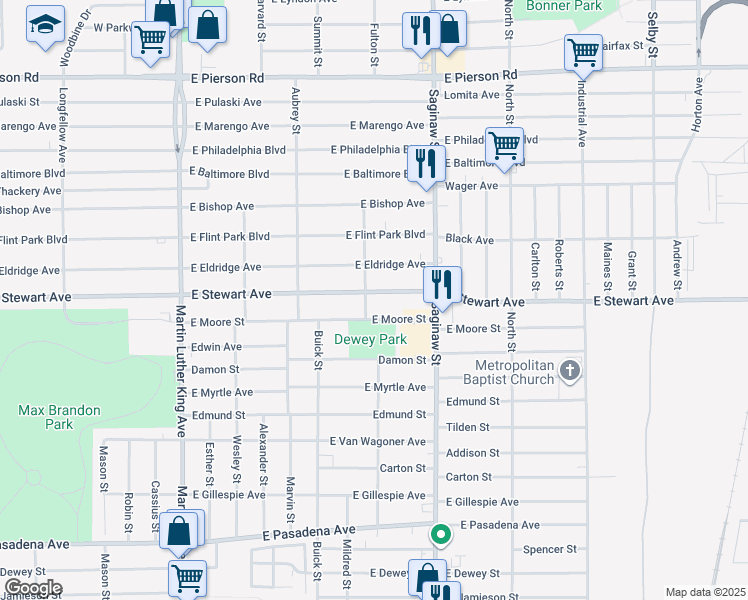 map of restaurants, bars, coffee shops, grocery stores, and more near 517 East Stewart Avenue in Flint