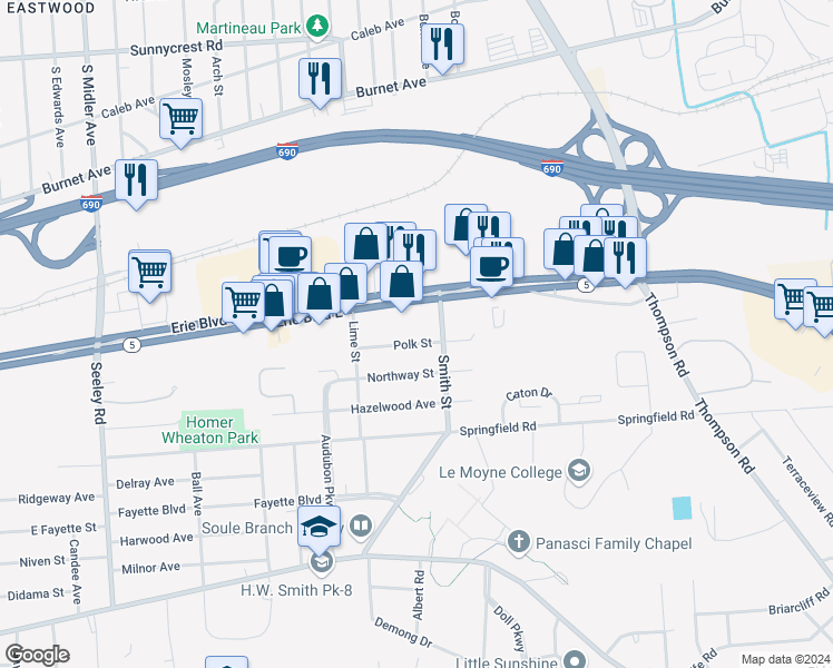 map of restaurants, bars, coffee shops, grocery stores, and more near 2828 Erie Boulevard East in Syracuse