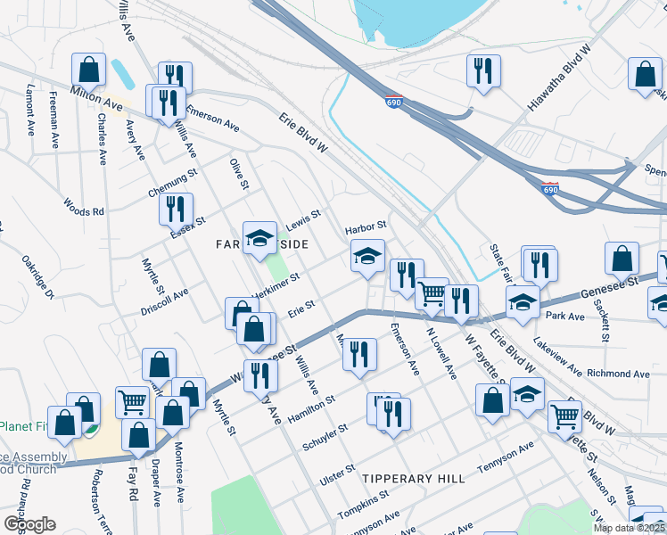 map of restaurants, bars, coffee shops, grocery stores, and more near 110 Herkimer Street in Syracuse